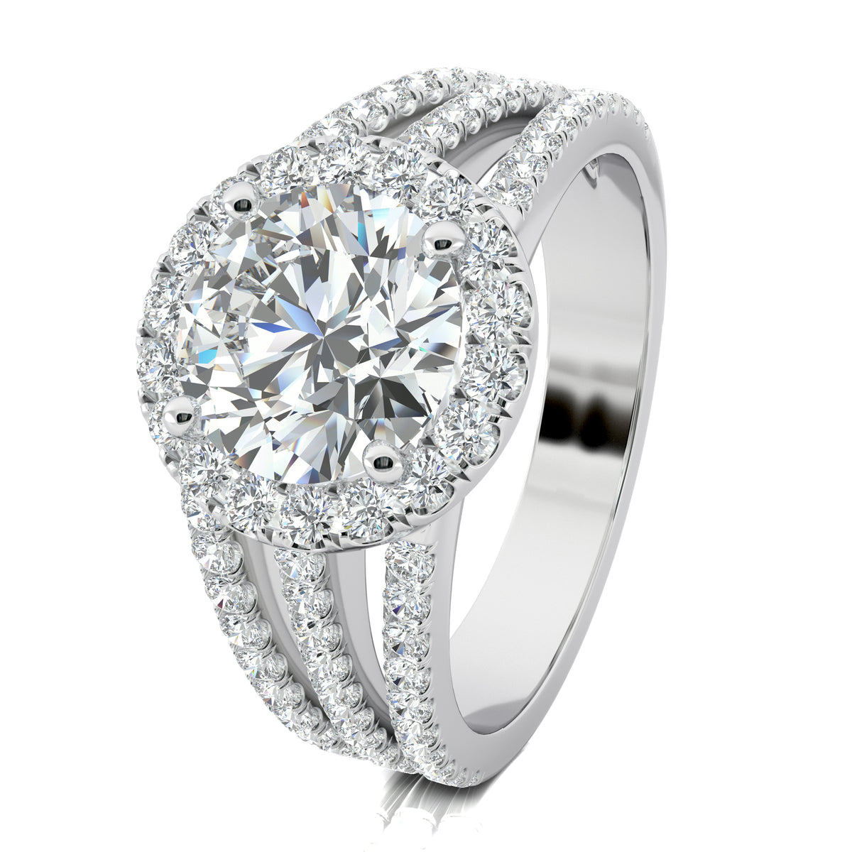 Bague de fiançailles diamant rond avec triple anneau et halo de