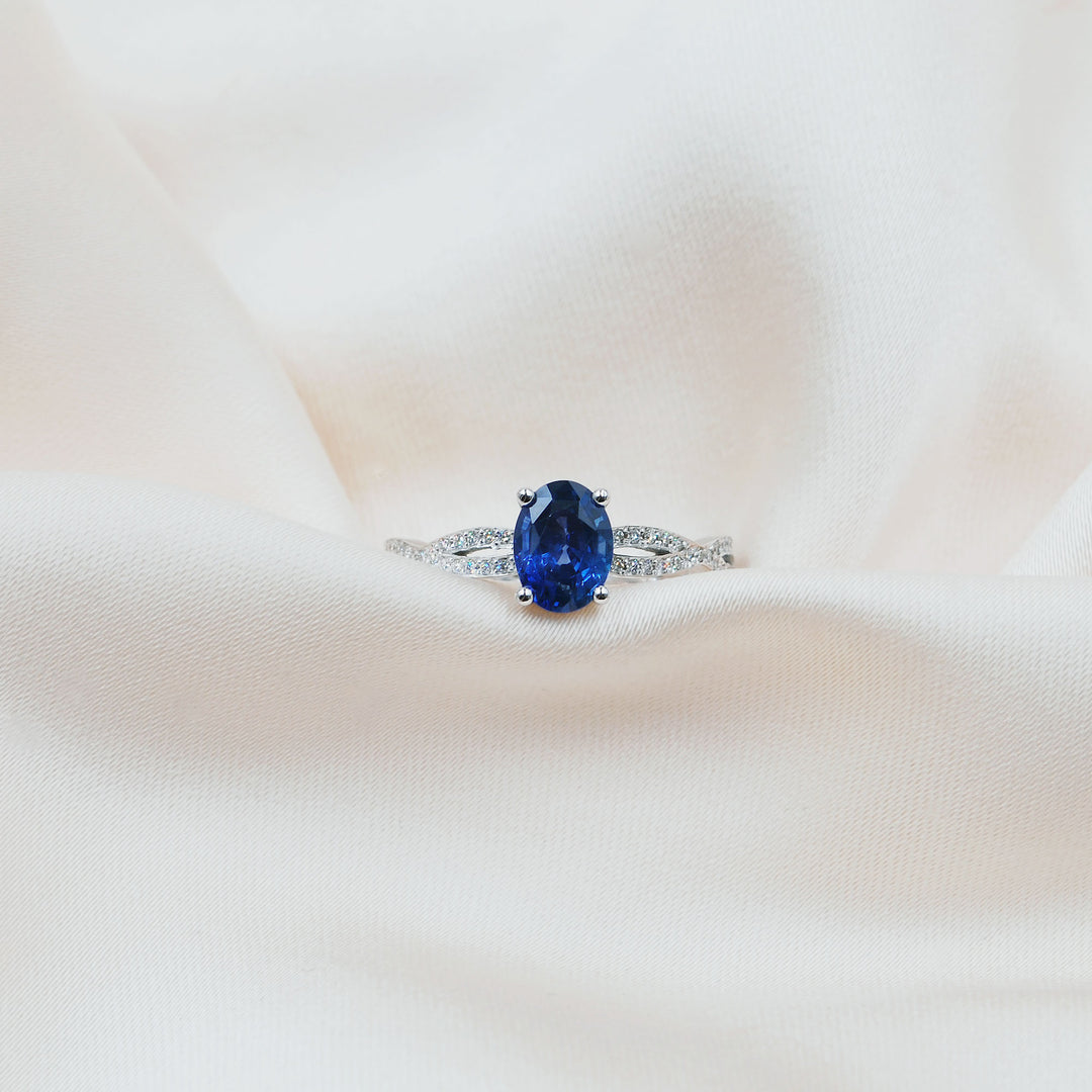 Oval Blue Sapphire Engagement Ring with twisted band - Nebra Blue |  Beldiamond
